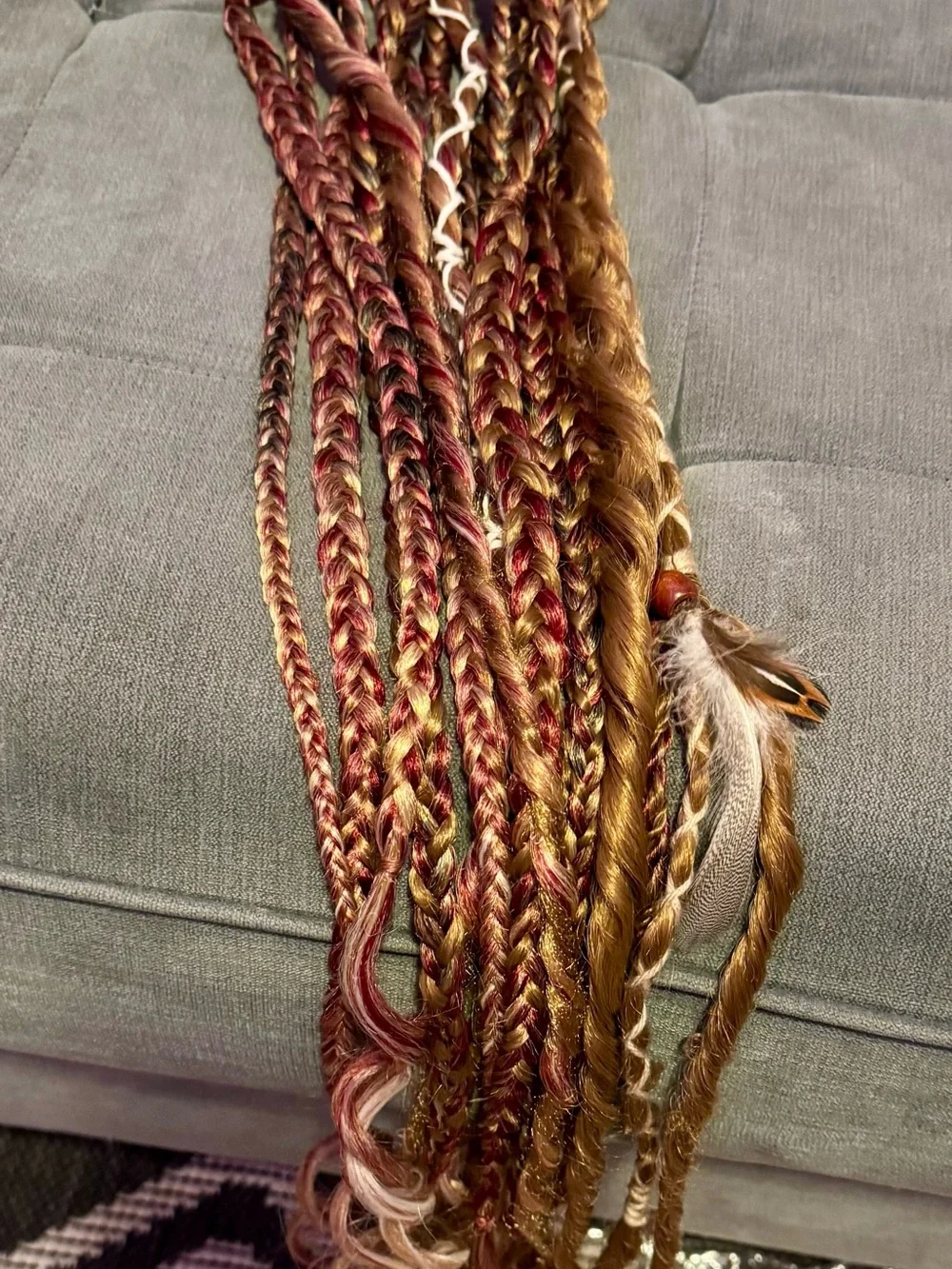 Hand-Braided Hair Extensions with Feathers and Beads - Brown & Burgundy